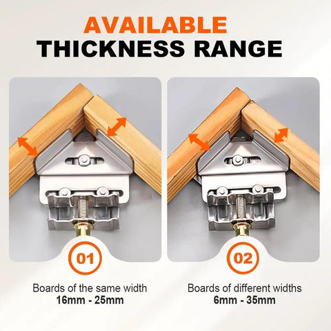 Pro Grade Stainless Steel Right Angle Clamp Set For Woodworking 90 Degree Corner Clamp showing adjustable swing jaw with boards