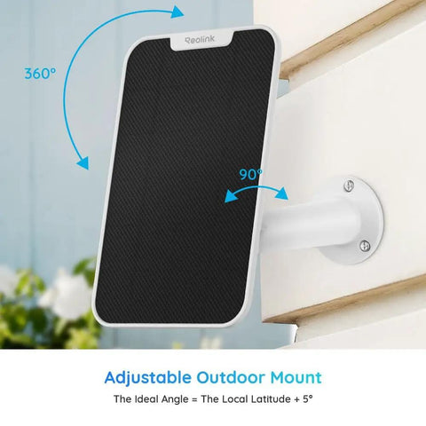 3W Solar Panel Power For Wireless Outdoor Security Cams With 6V Type C Port Non Stop Charging Compatible With Argus Eco Go PT Plus Argus 3 Pro Argus PT And Other Reolink Battery Cameras mounted outdoors on a wall, showcasing adjustable angles.
