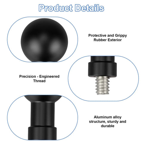 Aluminum 20mm Ball Mount Adapter With One Quarter Twenty Threaded Stud For Action Cameras And RAM Mounts Compatible With Insta360 One X3 X2 R RS GoPro DJI Osmo Phone Holders 20mm Ball Head Socket Arm, black ball and 1/4-20 stud close-up