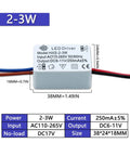 Two Pack LED Isolation Driver for Spotlight Downlights, 2-24W Range, 250mA Constant Current Transformer, AC110-265V Input, DC6-11V Output, Industrial Grade Power Supply, showing dimensions and specifications.