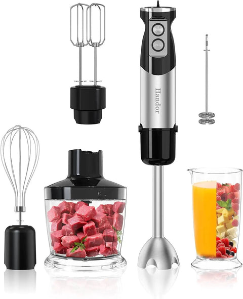 Six In One Immersion Blender With 1000W Motor And 12 Speed Settings includes 600ml beaker, 500ml chopper, egg whisk, milk frother
