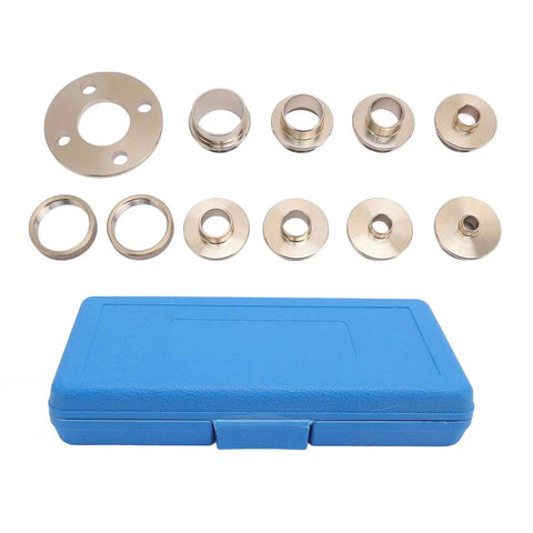 Solid Brass Router Template Guide Set With Eight Precision Bushing Sizes And Lock Nut Adapter Plus Carry Case with bushings and blue box.