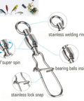 Hella Tough Saltwater And Freshwater Duo Lock Snap Swivels With Stainless Steel Barrel And Ball Bearing Spin Killer Fishing Tackle Kit Includes Twenty Five Rings Rated At Thirty Nine Point Six Lbs Breaking Strength showcasing a stainless steel swivel with 360-degree spin feature.