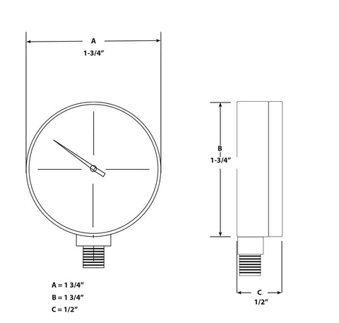 Performance Tool W10055 air gauge, front and side views, 0-200 PSI, threaded inlet.