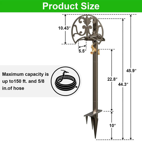 Heavy Duty Garden Hose Stand With Brass Faucet Detachable Hose Holder Freestanding Metal Reel size diagram