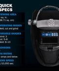 Interior view of Auto Darkening Welding Helmet With ClearLight Optics For HD View And Realistic Detail Beefy Comfort Pro Grade TIG And MIG Shield Variable Shade Eight To Thirteen Full Face Protection For Serious Welders displaying specs and features.