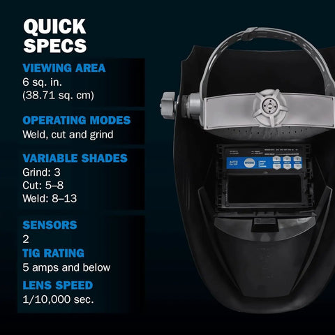 Interior view of Auto Darkening Welding Helmet With ClearLight Optics For HD View And Realistic Detail Beefy Comfort Pro Grade TIG And MIG Shield Variable Shade Eight To Thirteen Full Face Protection For Serious Welders displaying specs and features.