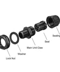 M16 Cable Gland 4 Holes Waterproof IP68 Nylon Joint With Adjustable Locknut For 2.4 to 3.4mm Wire Dia Seals Out Water and Dust Built To Last Rugged Industrial Grade Cable Entry Hub For Electrical Projects. Exploded view with lock nut, washer, seal, and sealing nut.
