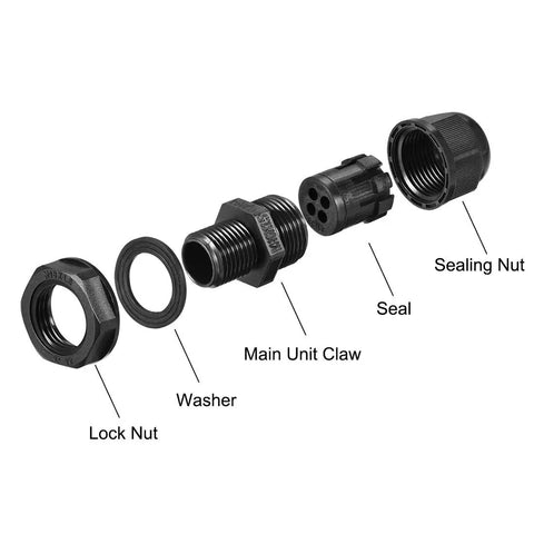 M16 Cable Gland 4 Holes Waterproof IP68 Nylon Joint With Adjustable Locknut For 2.4 to 3.4mm Wire Dia Seals Out Water and Dust Built To Last Rugged Industrial Grade Cable Entry Hub For Electrical Projects. Exploded view with lock nut, washer, seal, and sealing nut.