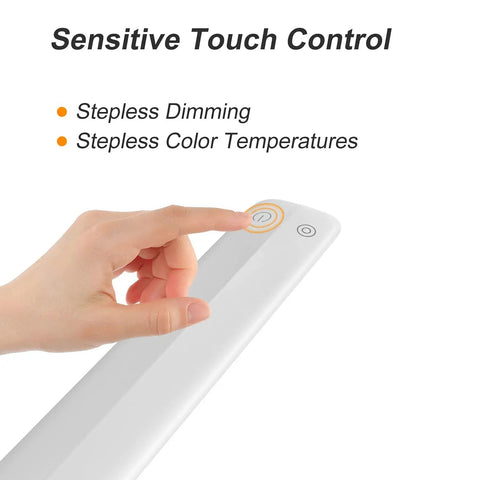 Hand using touch control on LED Desk Lamp With Clamp Workhorse Flexible Gooseneck Architect Table Lamp 5 Brightness Levels And 4 Color Modes Touch Control Eye Care 10W Desk Light For Home Office Reading White.