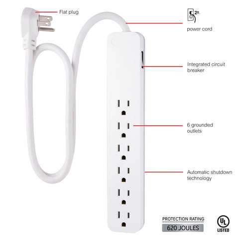 Six Outlet Surge Protector With Two-Foot Extension Cord, 620 Joules Power Strip, Flat Plug, Integrated Circuit Breaker, Wall Mount, UL Listed, White