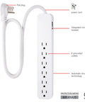White surge protector with 6 outlets and flat plug, showing cord and safety features, labeled for Six Outlet Surge Protector Power Strip Set.
