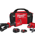 Heavy Duty Cordless Hydraulic Linear Crimping Tool Handles Tight Spots Like A Dream With Rotating Head And Predictive Force Monitoring Lightning Fast Ten Ton Design in red, with bag and accessories.