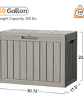 50 Gallon Outdoor Storage Box Weatherproof Resin Deck Box With Reinforced Lid, gray, front view dimensions 30.75" x 17.5" x 22.7"