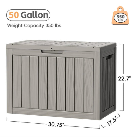 50 Gallon Outdoor Storage Box Weatherproof Resin Deck Box With Reinforced Lid, gray, front view dimensions 30.75" x 17.5" x 22.7"
