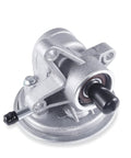 Automotive vacuum pump, silver aluminum body with black drive shaft and mounting flange; front-angle view