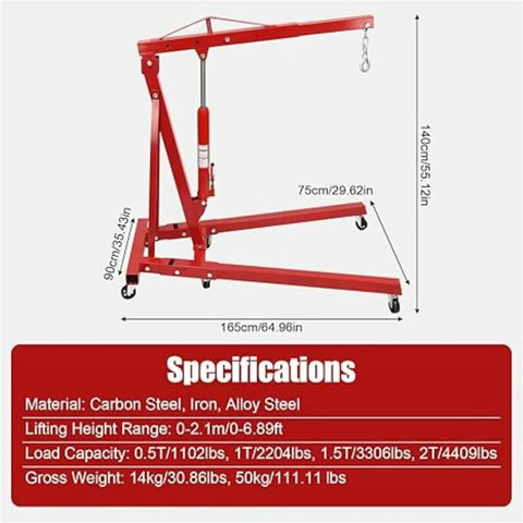 Shop Essential Two Ton Hydraulic Engine Hoist With Six Swivel Rollers And Quick Fold Frame, featuring detailed specifications.