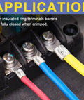 Close-up of non-insulated ring terminals connected to wires, part of Non Insulated Ring Terminal Kit 50 Pcs For Wire Gauge 12 To 10 AWG.