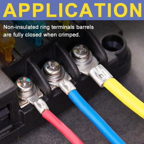 Close-up of non-insulated ring terminals connected to wires, part of Non Insulated Ring Terminal Kit 50 Pcs For Wire Gauge 12 To 10 AWG.