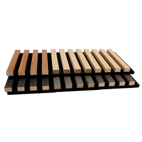 Game Changer Acoustic Wood Slat Wall Panels For Knockout Noise Dampening And Super Modern Room Refresh featuring six texture samples.