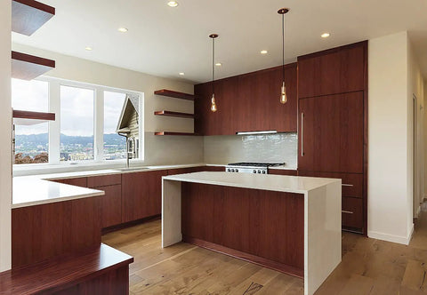 Modern kitchen with Red Brown Wood Grain Peel And Stick Wallpaper With Waterproof Self Adhesive Backing Thick Texture Easy To Clean DIY Friendly Removable Cabinet Drawer And Countertop Decor 78.7 By 17.7 Inches on cabinets.