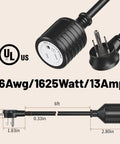 Six Foot Indoor Outdoor Extension Cord With Flat Plug Locking 35 Degree Plug Three Prong Grounded 16 AWG 125V 1625W UL Listed Black