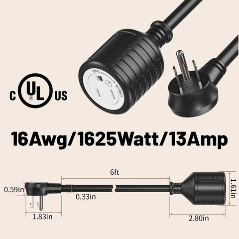 Six Foot Indoor Outdoor Extension Cord With Flat Plug Locking 35 Degree Plug Three Prong Grounded 16 AWG 125V 1625W UL Listed Black