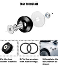 Hot Rod Bumper Quick Release Kit installation steps with fasteners, rubber rings, and fitted car bumper, black finish.