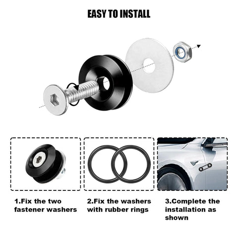 Hot Rod Bumper Quick Release Kit installation steps with fasteners, rubber rings, and fitted car bumper, black finish.