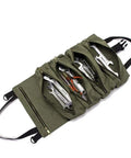 Multi Purpose Roll Up Tool Bag And Wrench Roll With Canvas Tool Organizer open showing wrench and screwdriver storage