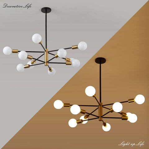 Sputnik Style 10 Light Chandelier Over Dining Table In Black And Gold Dope Mid Century Vibe Pendant Lighting For Kitchen And Living Room