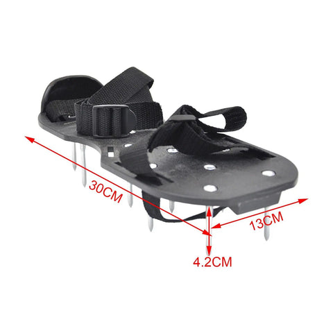 Lawn Aerator Shoes With Spikes For Grass And Garden One Size Fits All No Fuss Manual Aeration Tool showing dimensions and straps