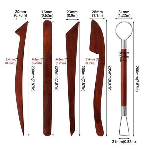 Premium Five Piece Solid Rosewood Sculpting Tools And Clay Molding Knives, various shapes and sizes for pottery projects.
