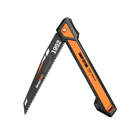Folding Pruning Saw With 7 Inch SK5 Steel Blade Triple Ground 7TPI Teeth 3 Angle Lock Non Slip Handle Portable Hand Saw open view