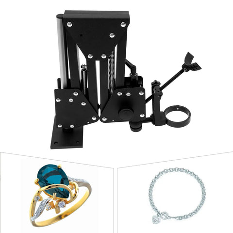 Pro Grade Micro Jewelry Inlaid Stand With 360 Degree Rotating Bracket For Diamond Setting And Engraving 77mm Jewelry Microscope Insert Machine Bracket Durable Steel Framework For Jewelry Making, shown with jewelry and bracelet examples