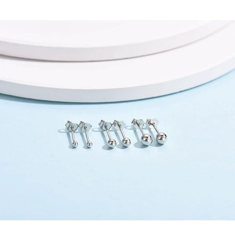 Hypoallergenic Sterling Silver Round Ball Stud Earrings Set For Women And Men With Butterfly Backs Three Pairs In 2mm 3mm And 4mm Sizes Lightweight Minimalist Everyday Jewelry, three silver sizes