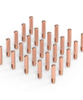 Premium 25-Pack 000-068 0.035 Inch MIG Welding Contact Tips arranged in a row, copper material for efficient welding.
