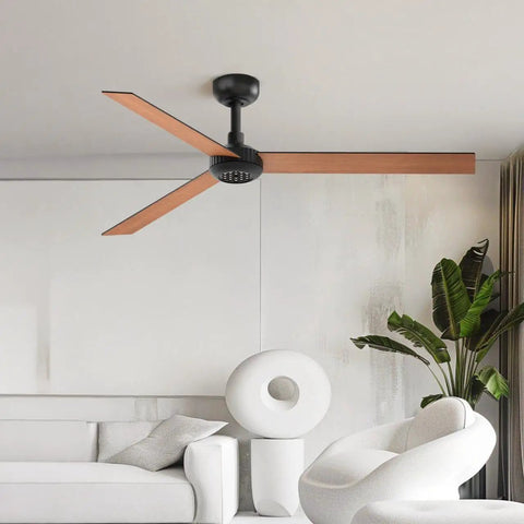 Modern 52" Indoor Ceiling Fan with LED Light Kit, Reversible DC Motor, Double-Sided Plywood Blades & 3-Color Dimmable Lighting in living room.
