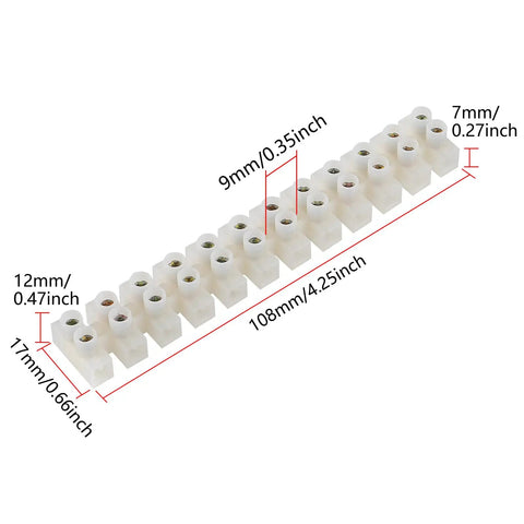 10 Pack White Screw Terminal Block Dual Row Wire Connector Strip 12 Position 10 Amp 380 Volt Easy DIY Insertion And Tighten.