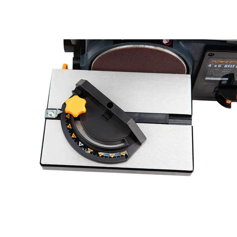 Miter gauge on Heavy Duty Belt And Disc Sander Combo For Woodworking With 4 Inch By 36 Inch Belt And 6 Inch Disc