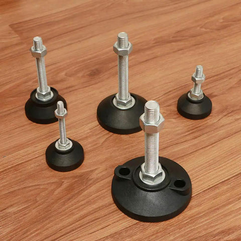 Heavy Duty Adjustable Leveling Feet With Swivel Base And Non Slip Rubber Pads Kills Furniture Wobble Cold On Uneven Floors Nickel Plated Carbon Steel For Machines And Workbenches Set Of Eight displayed on a wooden floor.