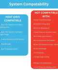Chart of system compatibility for Heating Only Mechanical Thermostat With Easy Dial Control Non Programmable Mercury Free Sensor