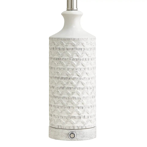 Close-up of 24 Inch Rustic Modern Ceramic Table Lamp Set Of 2 For Living Room And Bedroom White And Grey Finish Farmhouse Nightstand End Table Decor Lamps