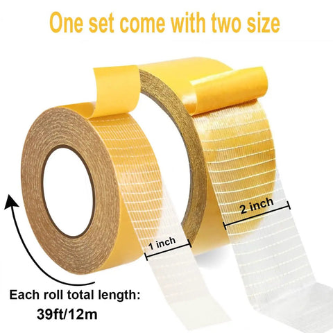No Sew No Iron Hem Tape Duo Pack With 1 Inch And 2 Inch Rolls 39 Feet Each Heavy Duty Double Sided Mounting Tape Ultra Strong For Curtains Rugs Fabric Pants Craft Long Lasting Hold Great Diy Hack, showing both tape rolls.