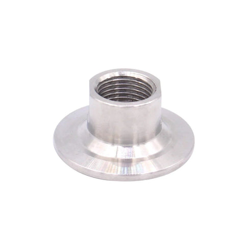 Front view of stainless steel 1.5-inch sanitary tri-clamp to 1/2-inch NPT female fitting