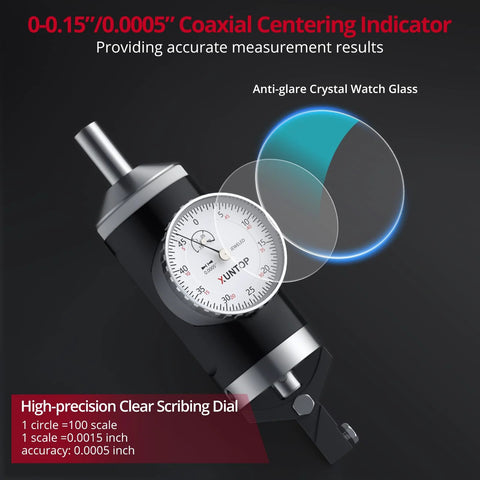 XUNTOP coaxial centering indicator with dial gauge and six feelers for workpiece centering, 0-0.15in/0.0005in, front view