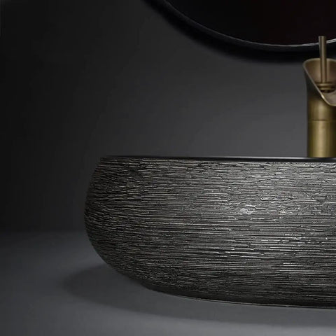SDVantage Black Ceramic Bathroom Vessel Sink and Faucet Combo, close-up of textured wash basin design.