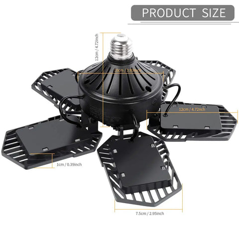 Ultra Bright 150W LED Garage Light With Five Adjustable Panels 6500K Daylight 15000 Lumens E26 E27 Socket Compatible measurements