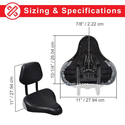 Backrest Comfort Bike Saddle For Exercise Bike And E Bike With Lumbar Support Great For Stationary Bikes Beach Cruisers Mountain Bikes And Adult Trikes Fits Seven Eighths Inch Seat Posts Ten By Eleven Inches, black vinyl, 10-1/4 x 11 x 11 in