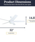 Ashby Modern 52 Inch Ceiling Fan With Light And Remote LED Indoor Fan dimensions showing 52 inch blade span and 14.8 inch drop
